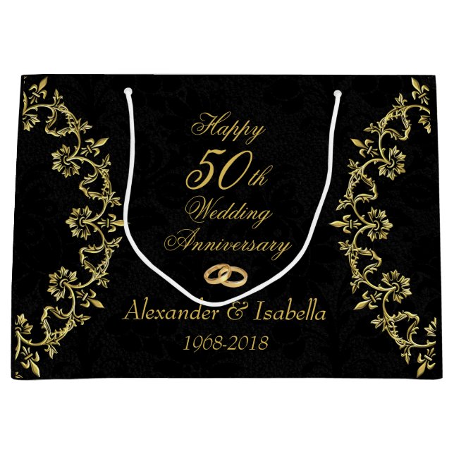 Ornate Gold on Black 50th Wedding Anniversary Large Gift Bag (Front)