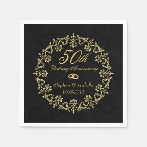 Ornate Gold on Black 50th Wedding Anniversary Napkins