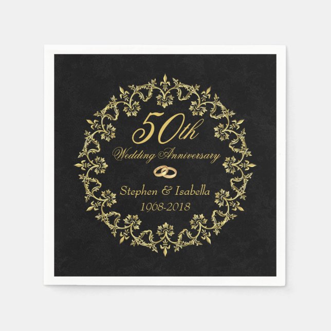 Ornate Gold on Black 50th Wedding Anniversary Napkins (Front)