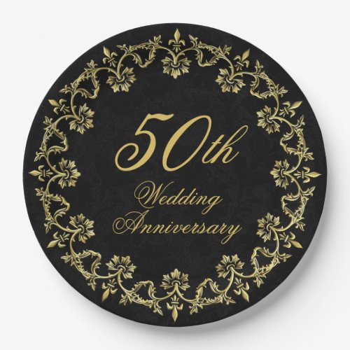 Ornate Gold on Black 50th Wedding Anniversary Paper Plates