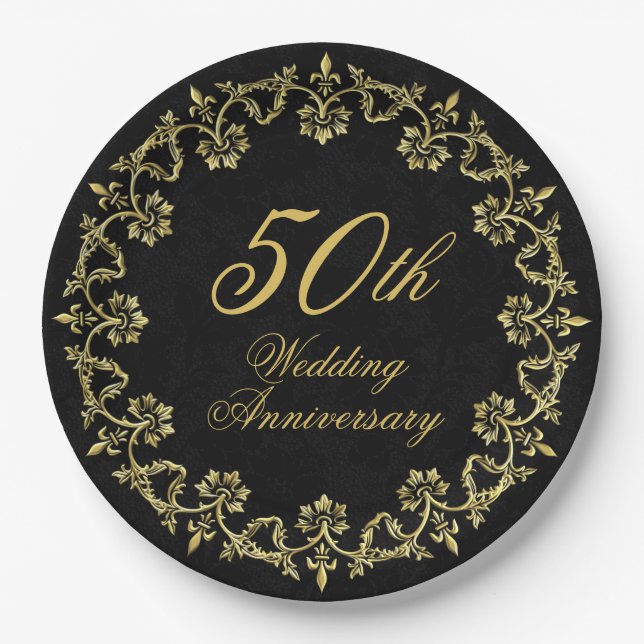 Ornate Gold on Black 50th Wedding Anniversary Paper Plates (Front)