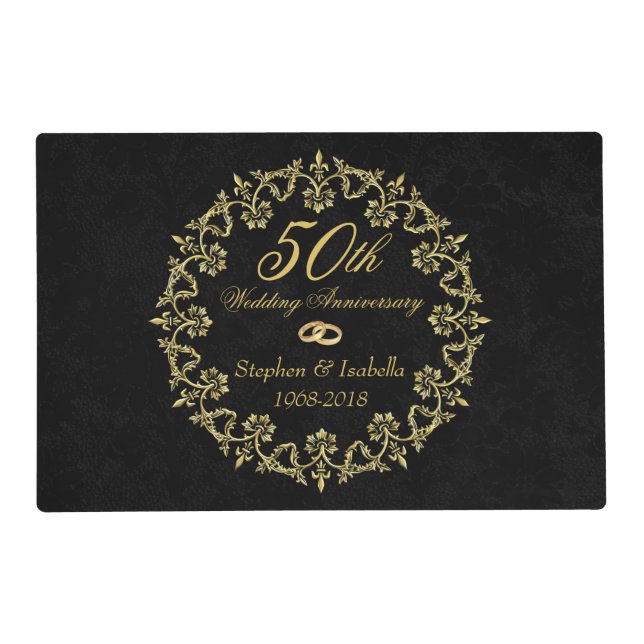 Ornate Gold on Black 50th Wedding Anniversary Placemat (Front)