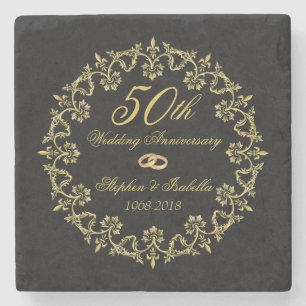 Ornate Gold on Black 50th Wedding Anniversary Stone Coaster