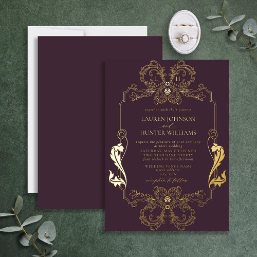 Ornate Gold Purple Floral Line Monogram Wedding Foil Invitation