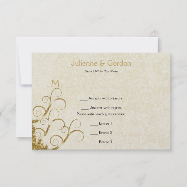 Ornate Gold Sparkle Swirls and Cream  RSVP Card (Front)