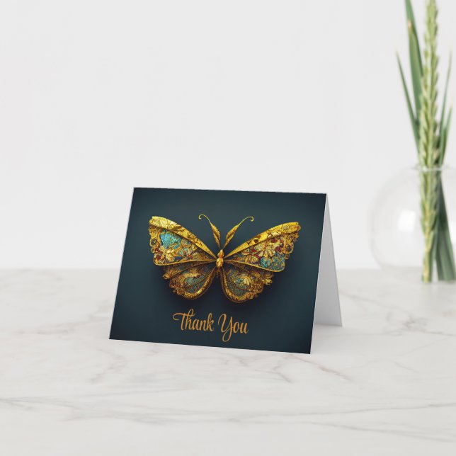 Ornate Gold & Teal Butterfly Thank You Card (Front)