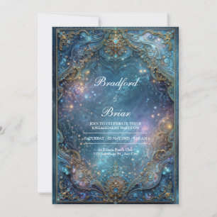Ornate Gold Teal Celestial Galaxy Frame Wedding Invitation