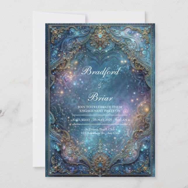 Ornate Gold Teal Celestial Galaxy Frame Wedding Invitation (Front)