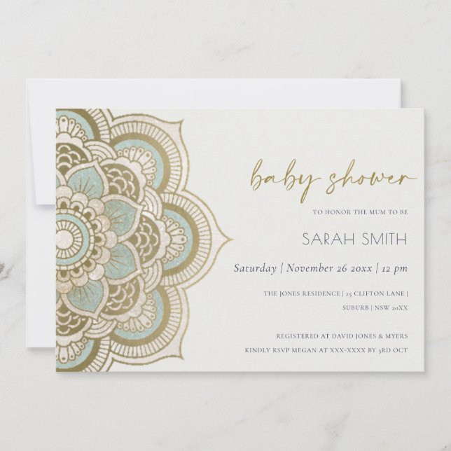 Ornate Gold Teal Mandala Baby Shower Invite (Front)
