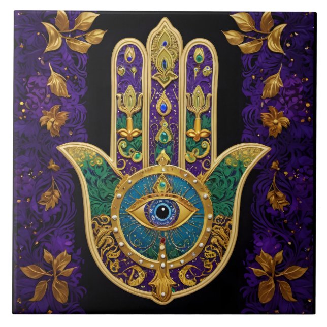  Ornate Gold Third Eye Hamsa Ceramic Tile (Front)