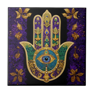 Ornate Gold Third Eye Hamsa Ceramic Tile