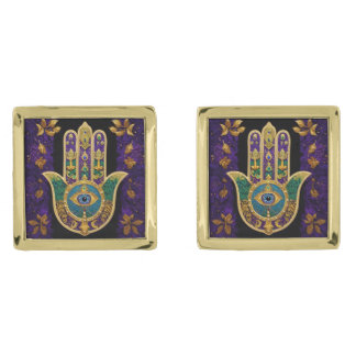  Ornate Gold Third Eye Hamsa Cufflinks