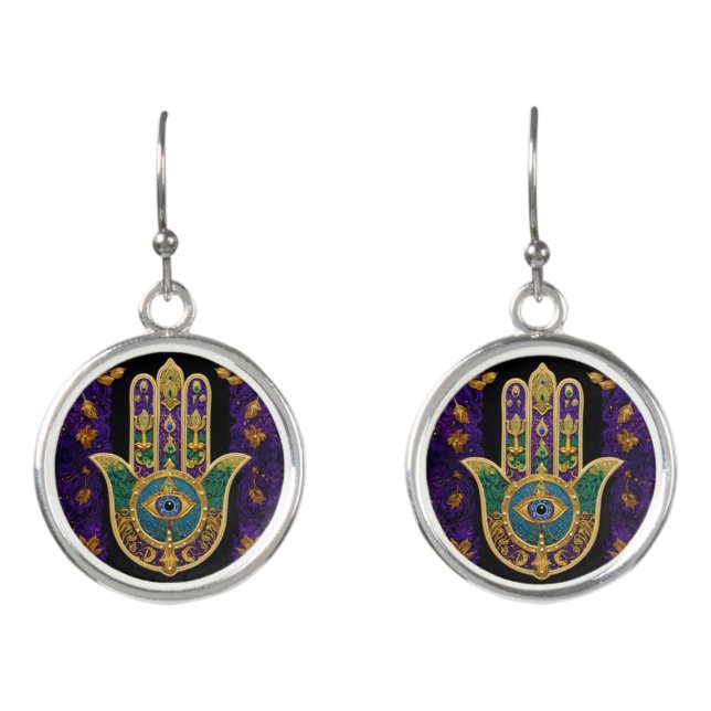  Ornate Gold Third Eye Hamsa Earrings (Front)