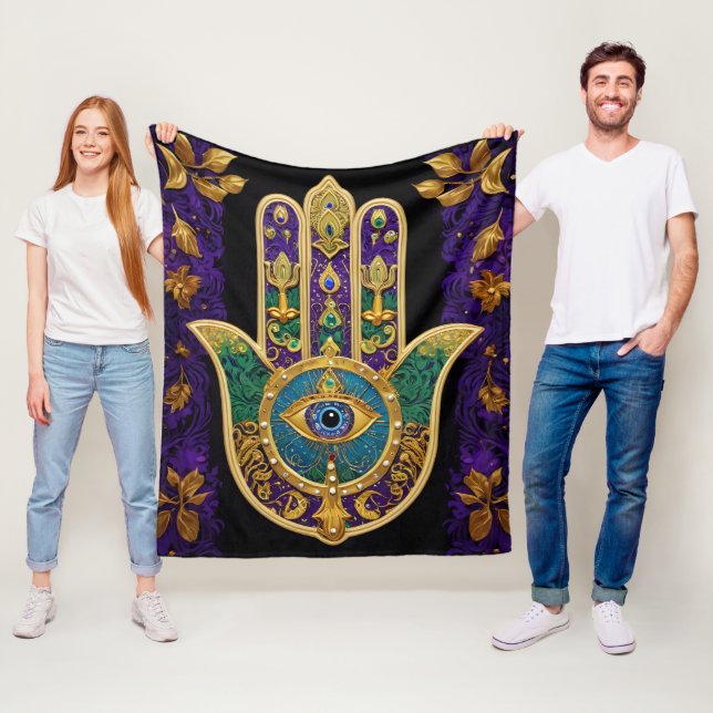  Ornate Gold Third Eye Hamsa Fleece Blanket (In Situ)