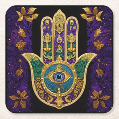  Ornate Gold Third Eye Hamsa Square Paper Coaster