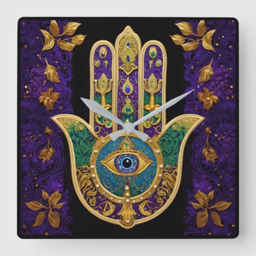  Ornate Gold Third Eye Hamsa Square Wall Clock