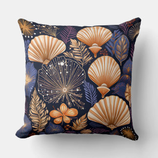 ORNATE GOLD TROPICAL SEASHELLS THROW PILLOW