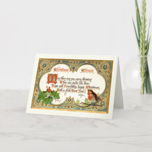 Ornate Gold Vintage Christmas Verse Robin  Holly Holiday Card