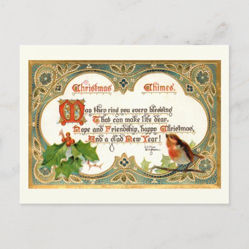 Ornate Gold Vintage Christmas Verse Robin  Holly Postcard