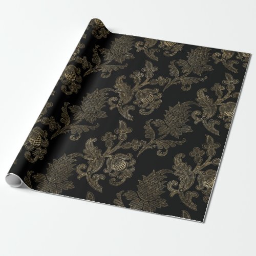 Ornate Gold Vintage Floral Damask Overlay Wrapping Paper