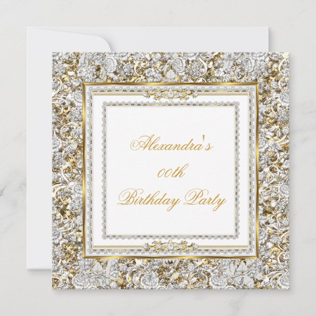 Ornate Gold White Damask Diamond Birthday Party Invitation (Front)