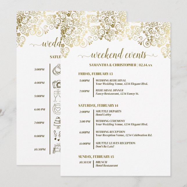 Ornate Gold & White Wedding Events & Timeline Program (Front/Back)
