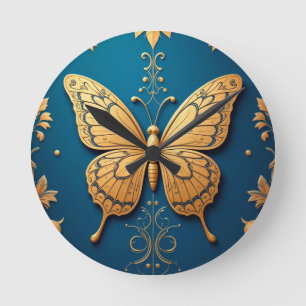 Ornate Golden Butterfly With Floral Pattern Round Clock