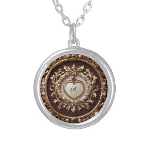 Ornate Golden Frame With Pearl Beads Silver Plated Necklace