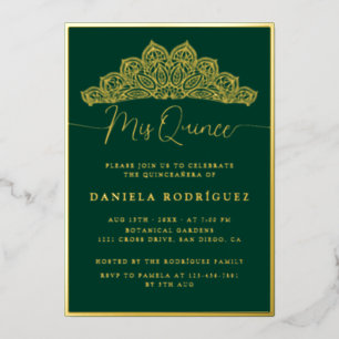 Ornate Golden Green Filigree Tiara Quinceanera Foil Invitation