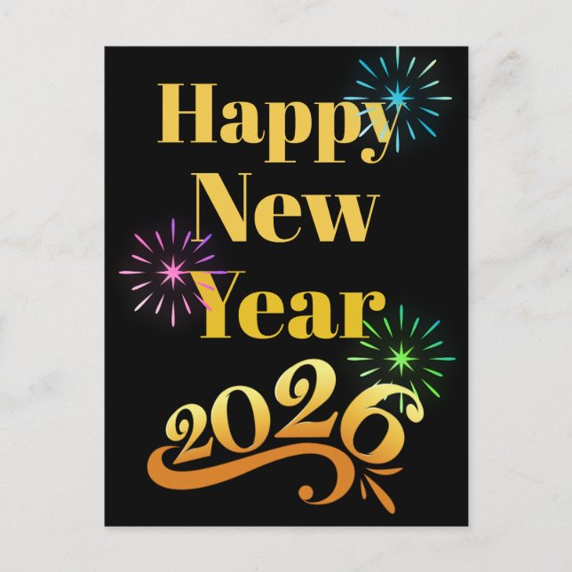 Ornate Golden Happy Near Year 2026 Fireworks Black Postcard (Front)