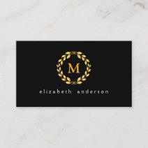 Ornate Golden Leaved Roman Wreath Monogram - Black Business Card