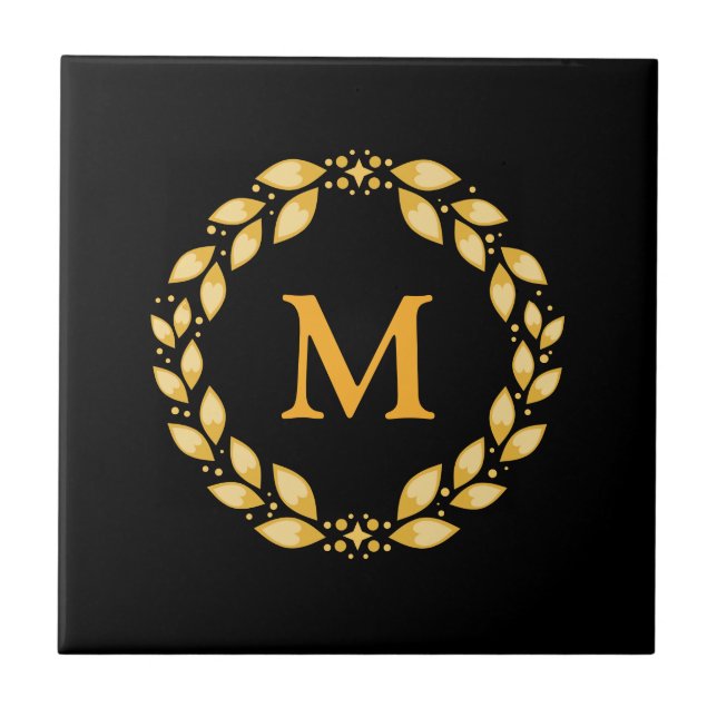 Ornate Golden Leaved Roman Wreath Monogram - Black Ceramic Tile (Front)