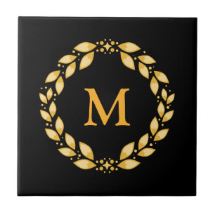 Ornate Golden Leaved Roman Wreath Monogram - Black Ceramic Tile