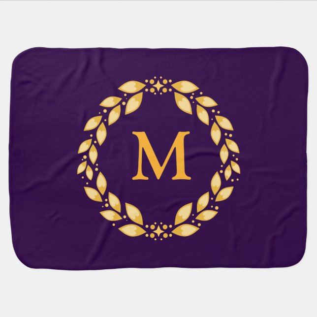 Ornate Golden Leaved Roman Wreath Monogram -Purple Stroller Blanket (Horizontal)