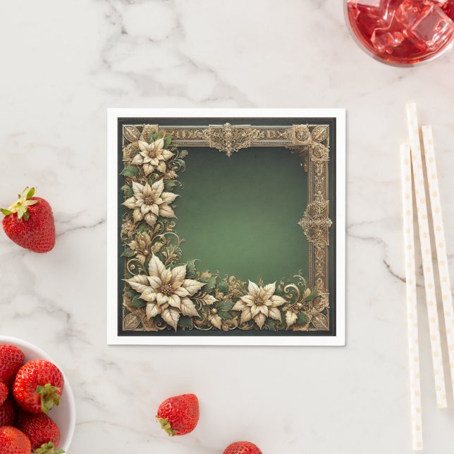 Ornate Golden Poinsettia Border on Green Découpage Napkins (Insitu)