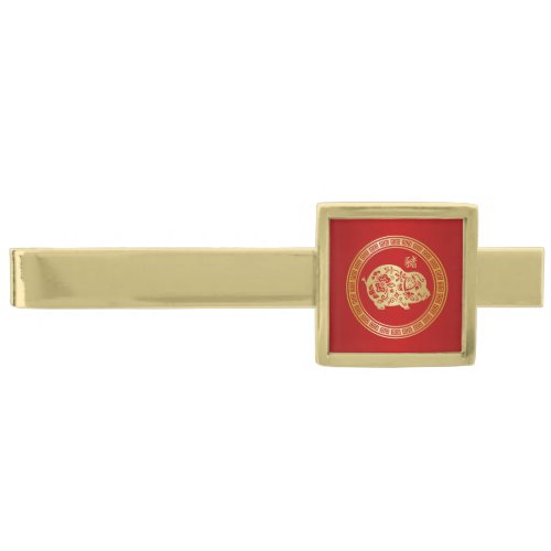 Ornate Golden Red Papercut Year of the Pig Gold Finish Tie Bar