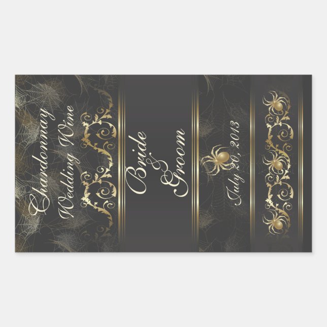 Ornate Golden Spiders Wedding Wine Label Sticker (Front)