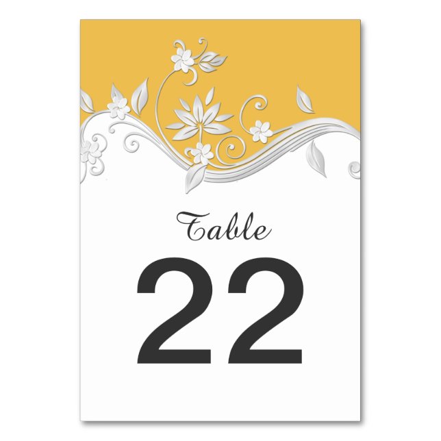 Ornate Golden Yellow Silver Floral Table Cards (Front)