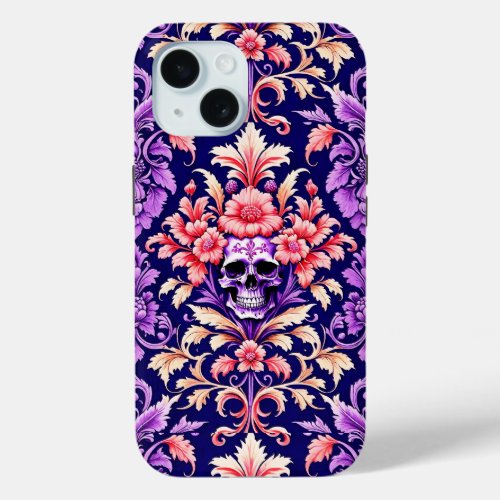 Ornate Goth Skull Gothic Floral Damask Pattern iPhone 15 Case