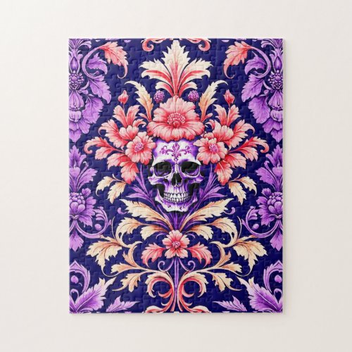 Ornate Goth Skull Gothic Floral Damask Pattern Jigsaw Puzzle