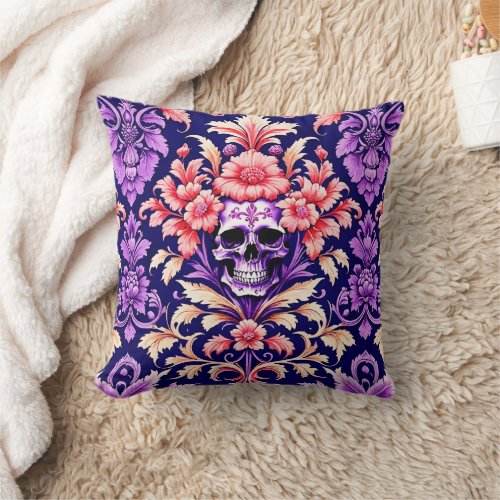 Ornate Goth Skull Gothic Floral Damask Pattern Throw Pillow