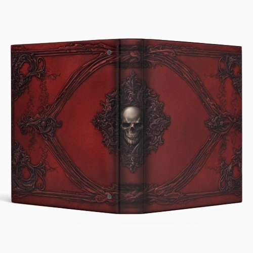 Ornate Gothic Red Skull Leather Book of Shadows 3 Ring Binder
