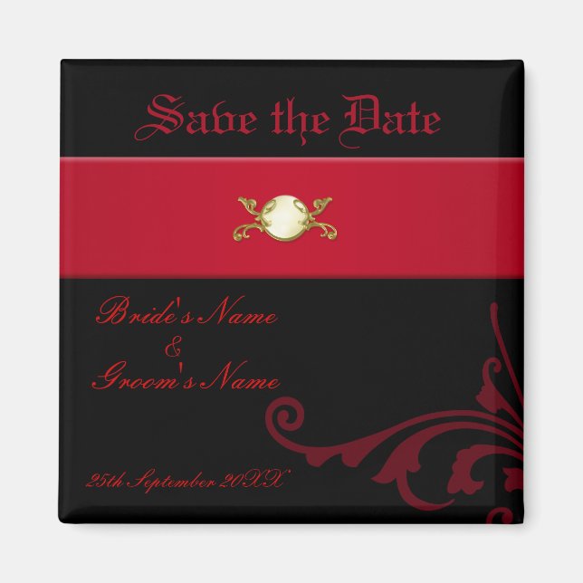 Ornate Gothic Save the Date Magnet Black and Red (Front)