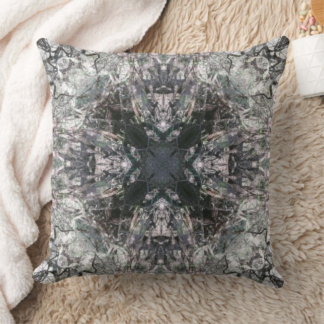 Ornate Gothic Stained Glass Square Cross Mandala Throw Pillow (Blanket)