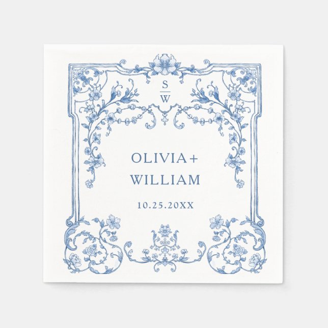 Ornate Grace Victorian Floral Blue Flowers Wedding Napkins (Front)