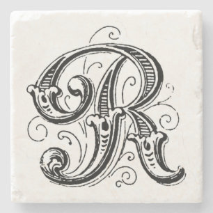 Ornate Gray Monogram ‘R’ Stone Coaster