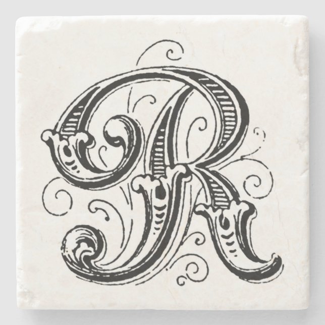 Ornate Gray Monogram ‘R’ Stone Coaster (Front)