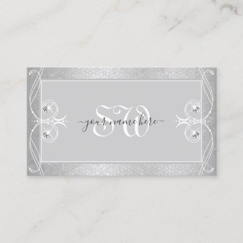 Ornate Gray Silver Mosaic Sparkle Jewels Monogram Business Card