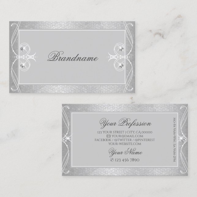 Ornate Gray Silver Mosaic Sparkle Jewels Ornaments Business Card (Front/Back)