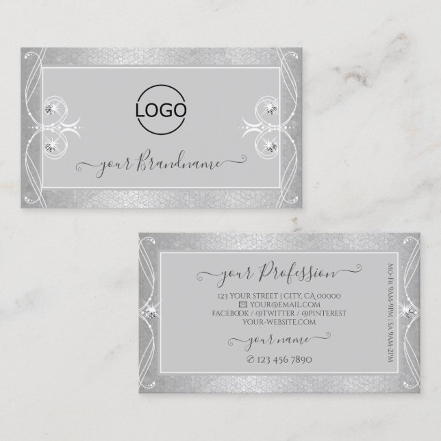 Ornate Gray Silver Mosaic Sparkle Jewels with Logo Business Card (Front/Back)